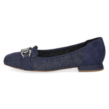Load image into Gallery viewer, Navy blue flat shoe with textured pattern and silver buckle on a white background
