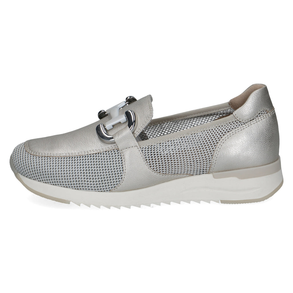 Silver loafer shoe with a buckle on a white background