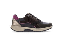 Load image into Gallery viewer, Black and purple sneaker on a white background
