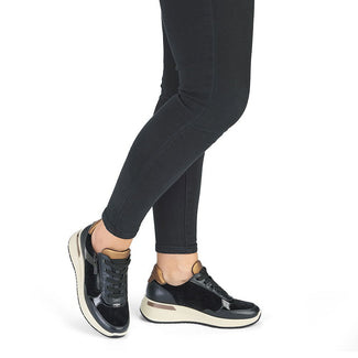 Ara Wide Fit Navy Leather Mini Wedge Trainer|125770201