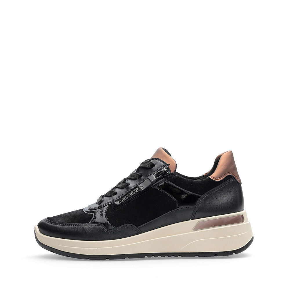 Ara Wide Fit Navy Leather Mini Wedge Trainer|125770201