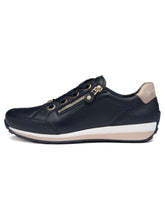 Load image into Gallery viewer, Navy blue sneaker with beige accents on a white background
