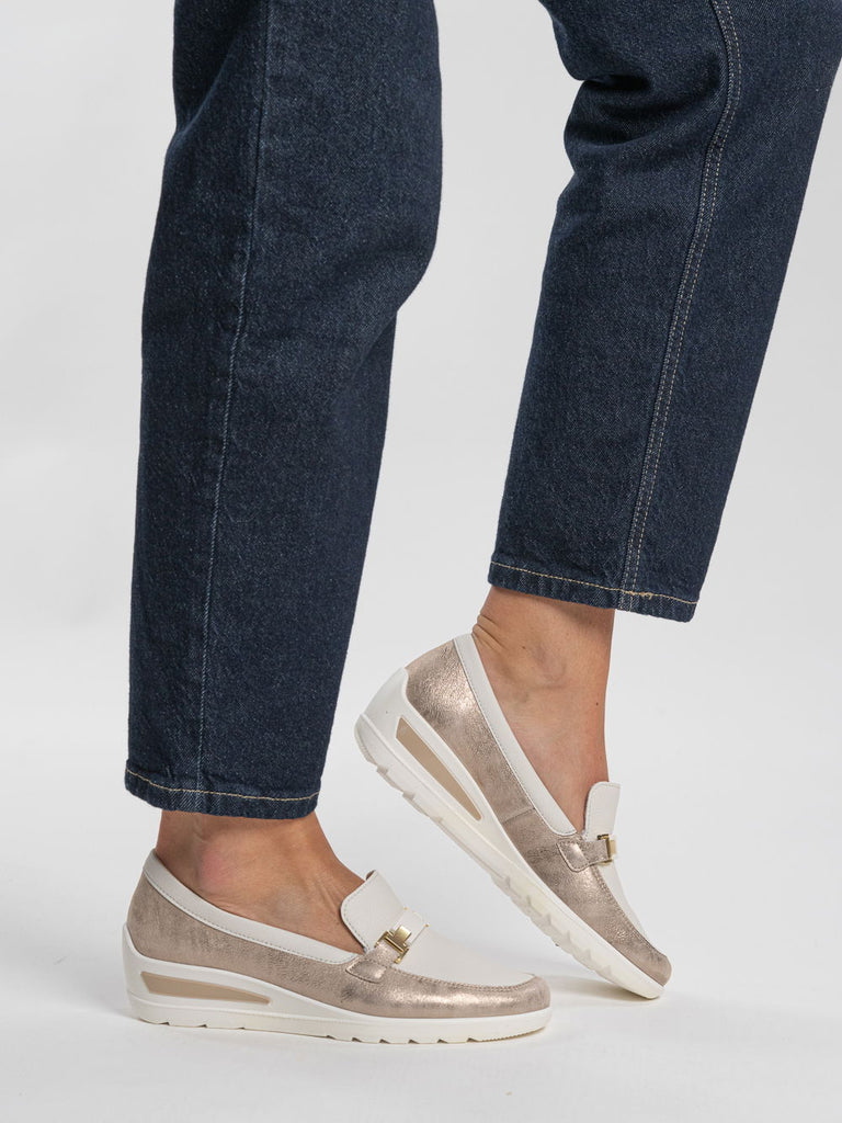 Ara Beige and Gold Wide Fit Comfort Loafer|125063005