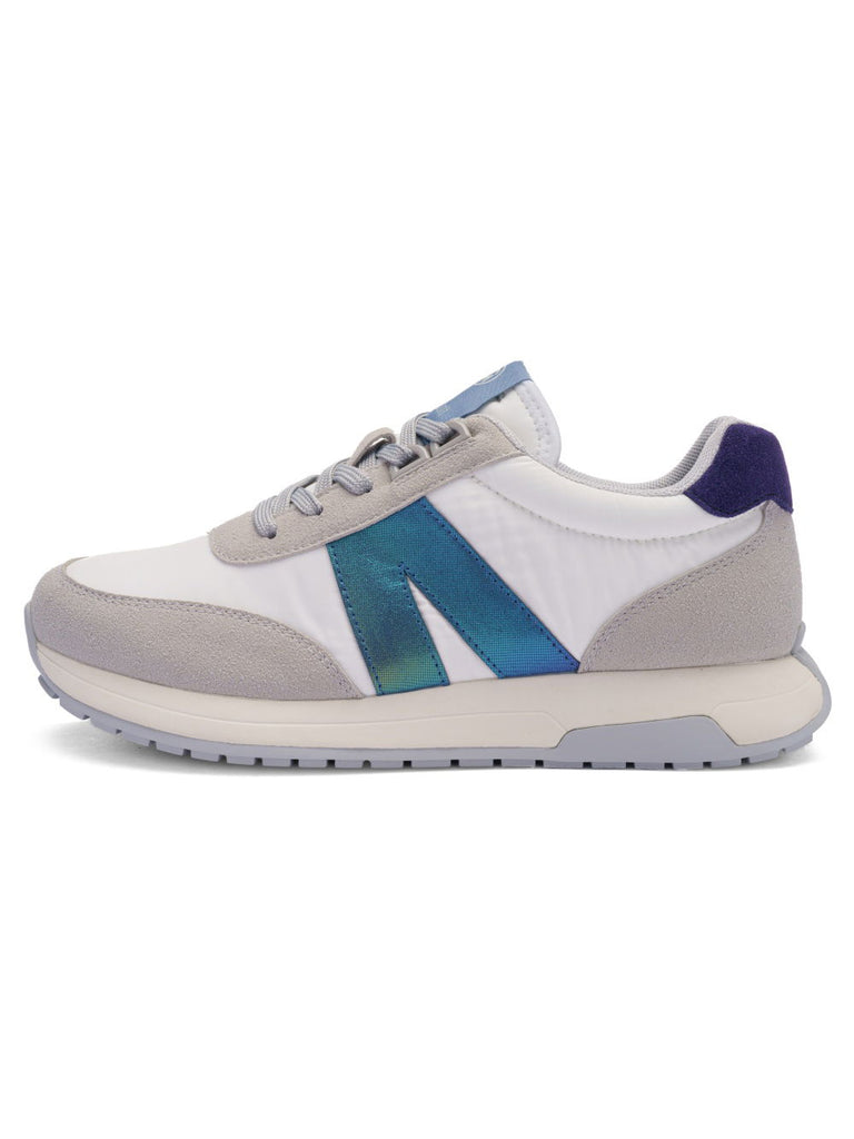 Sneaker with a blue and gray design on a white background