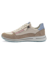 Load image into Gallery viewer, Beige and brown sneaker with blue accents on a white background
