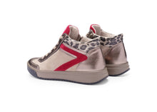 Load image into Gallery viewer, Pair of high-top sneakers with red accents and leopard print details on a white background
