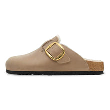 Load image into Gallery viewer, Beige clog shoe with a gold buckle on a white background
