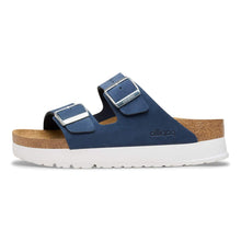 Load image into Gallery viewer, Blue sandal with cork sole on a white background
