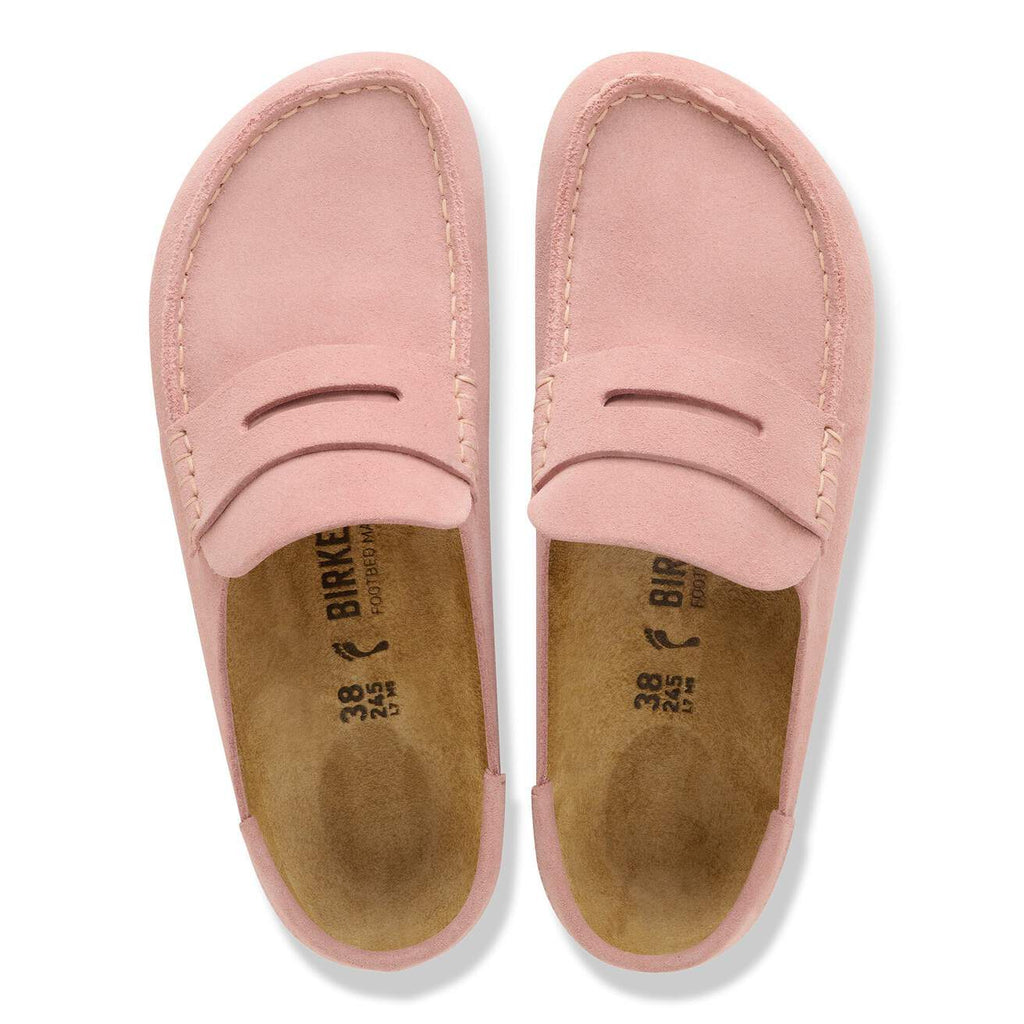 Pair of pink loafers with visible brand logo on a white background