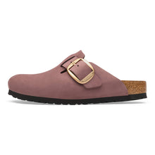 Load image into Gallery viewer, A single clog-style mule shoe in dusty rose pink suede with a gold buckle strap, cork midsole, and black outsole, shown in profile against a white background.
