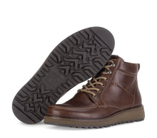 Load image into Gallery viewer, Brown leather boot with a close-up of the sole on a white background
