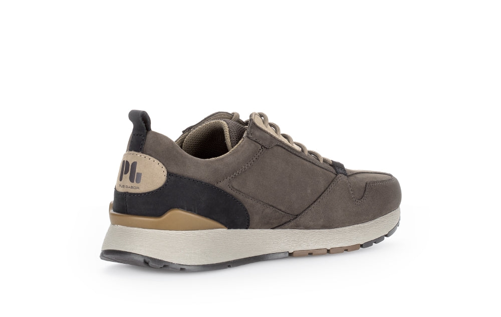 Brown sneaker with beige accents on a white background