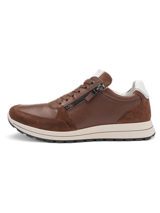 Brown sneaker with white sole on a white background