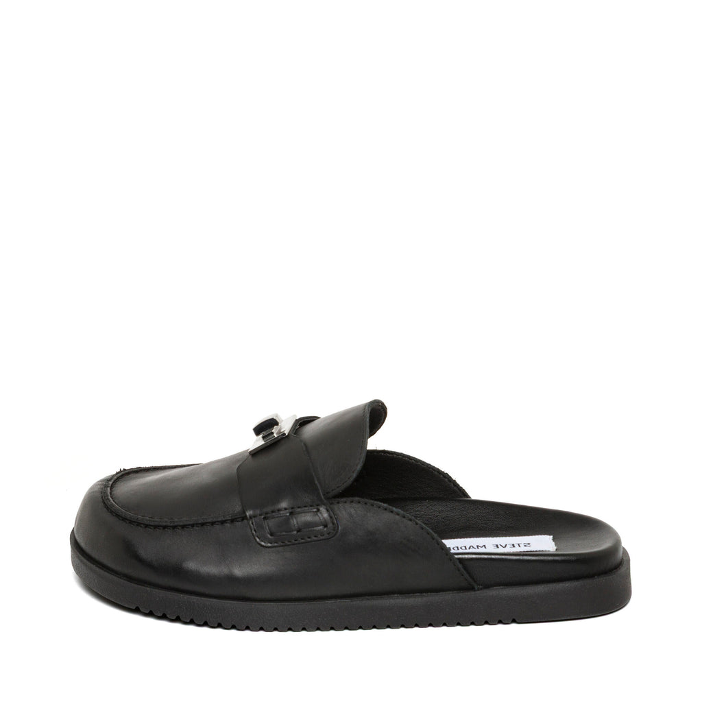 Black sandal with a small decorative element on a white background