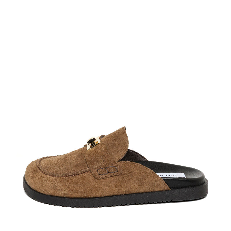 Brown suede slip-on shoe with black sole on a white background