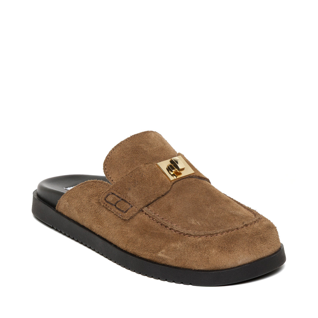 Brown slipper with a gold buckle on a white background