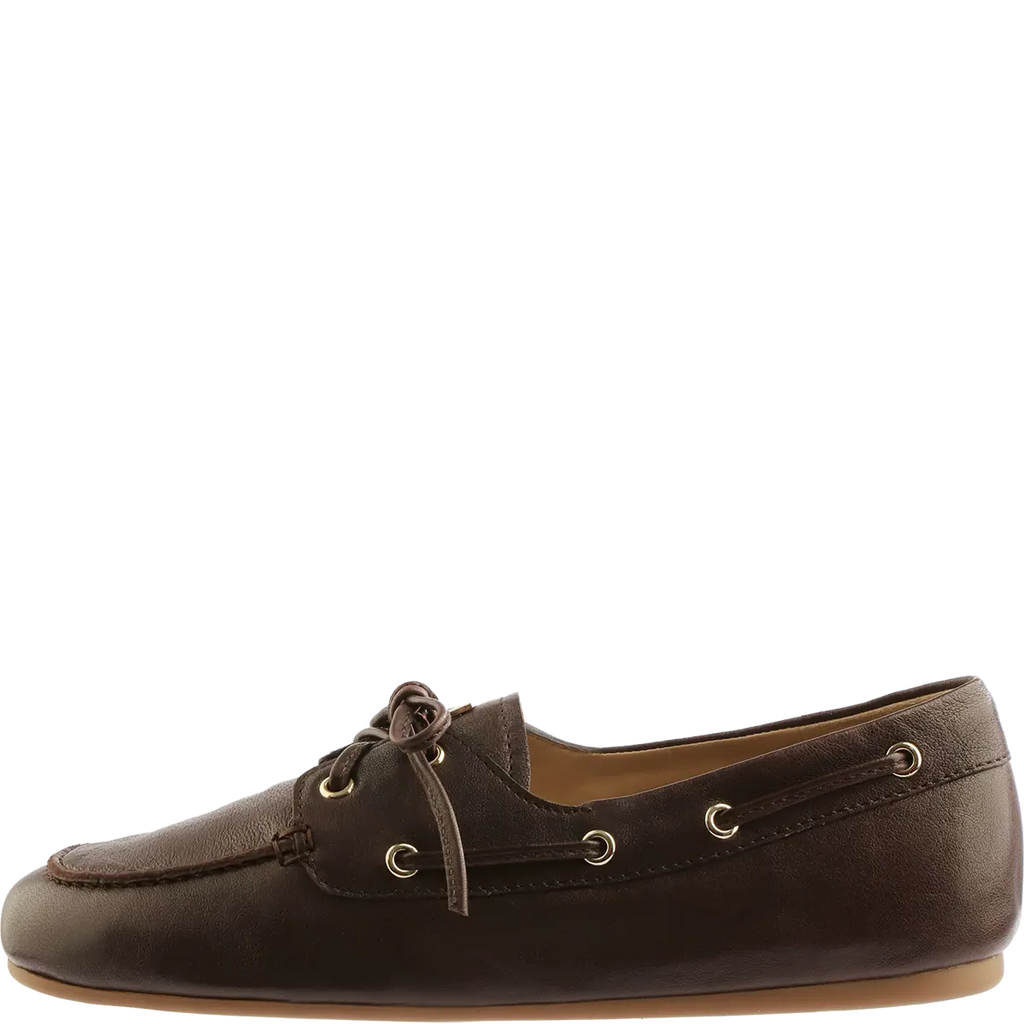 Brown leather shoe with laces on a white background