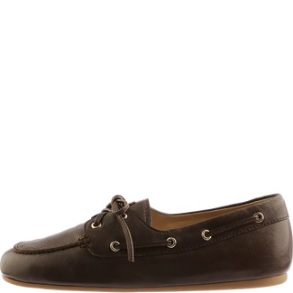 Brown leather shoe with laces on a white background