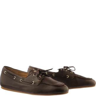 Brown leather shoe with laces on a white background