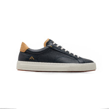 Load image into Gallery viewer, Navy blue sneaker with tan accents on a white background
