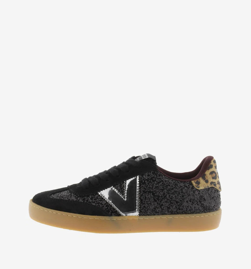 Victoria Black Leather & Glitter Trainer|1126223NE
