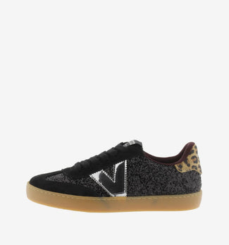 Victoria Black Leather & Glitter Trainer|1126223NE