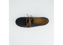 Load image into Gallery viewer, navy loafer shoe with brown laces on a white background
