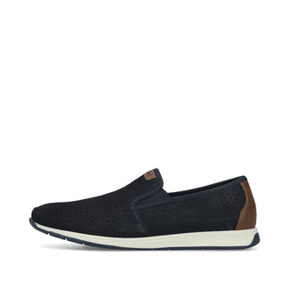 NAVY slip-on shoe with brown accents on a white background