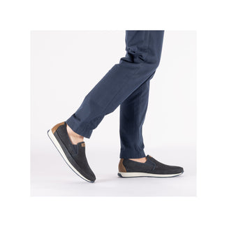 NAVY slip-on shoe with brown accents on a white background