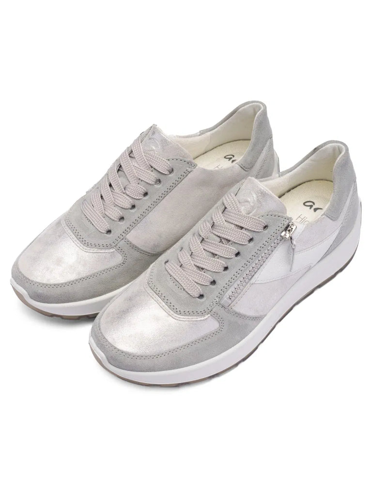 Ara Metallic Silver and White Wide Fit Trainer|122511220