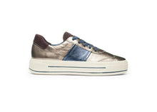 Load image into Gallery viewer, Metallic sneaker with blue accents on a white background
