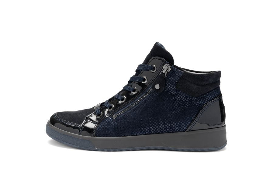 A dark navy blue high-top sneaker with a mix of textured mesh, glossy patent leather, and a side zipper, shown from a side profile on a white background.