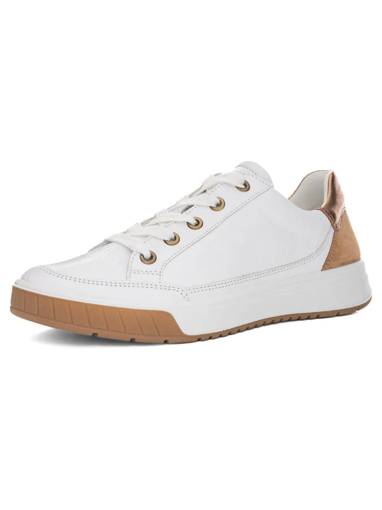 White sneaker with brown accents on a white background