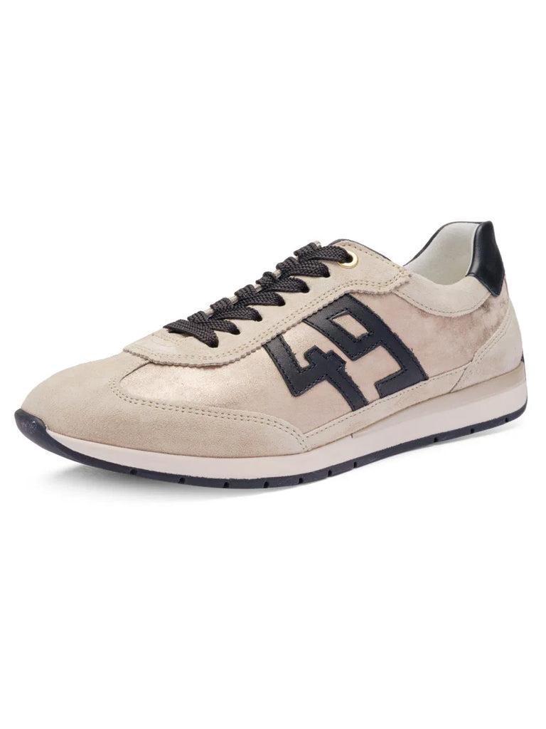 Beige sneaker with black logo on a white background