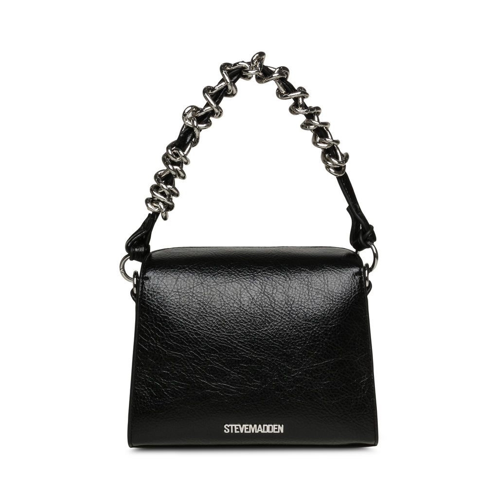 Black handbag with chain handle on a white background, featuring the Steve Madden brand.