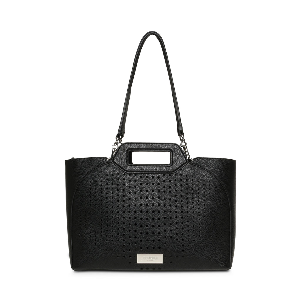Black perforated handbag on a white background