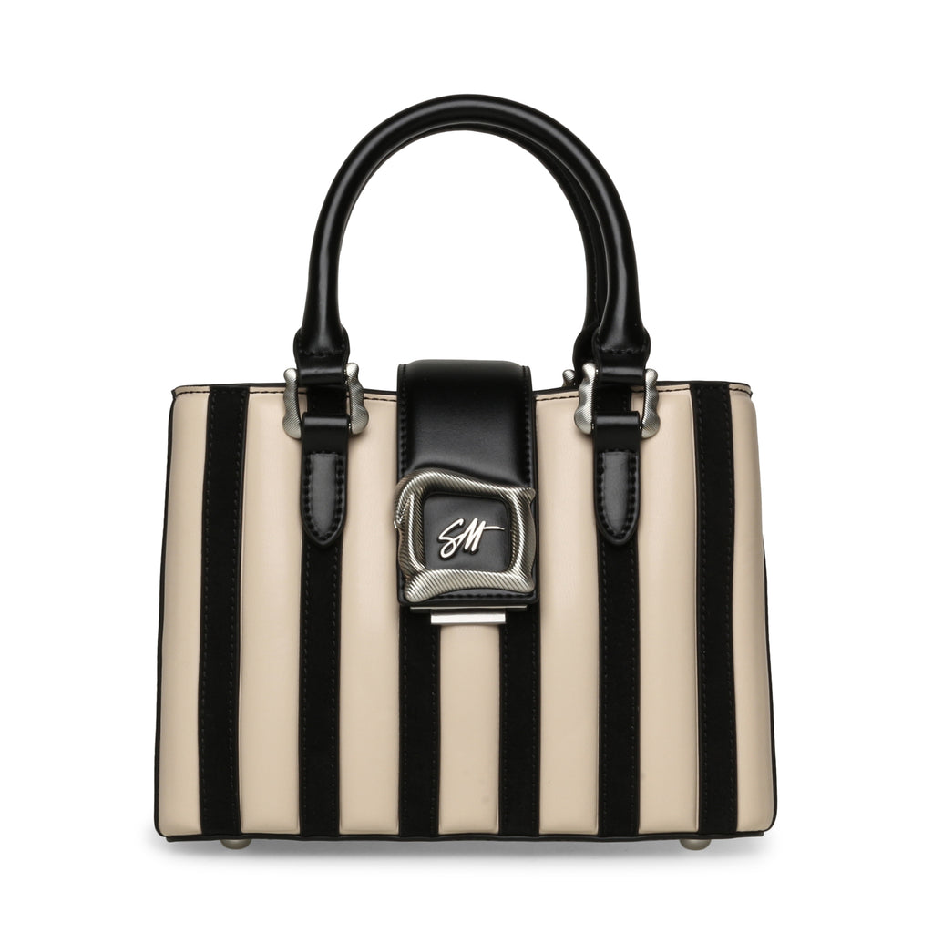 Black and beige striped handbag with a visible brand logo on a white background