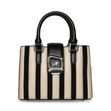 Load image into Gallery viewer, Black and beige striped handbag with a visible brand logo on a white background
