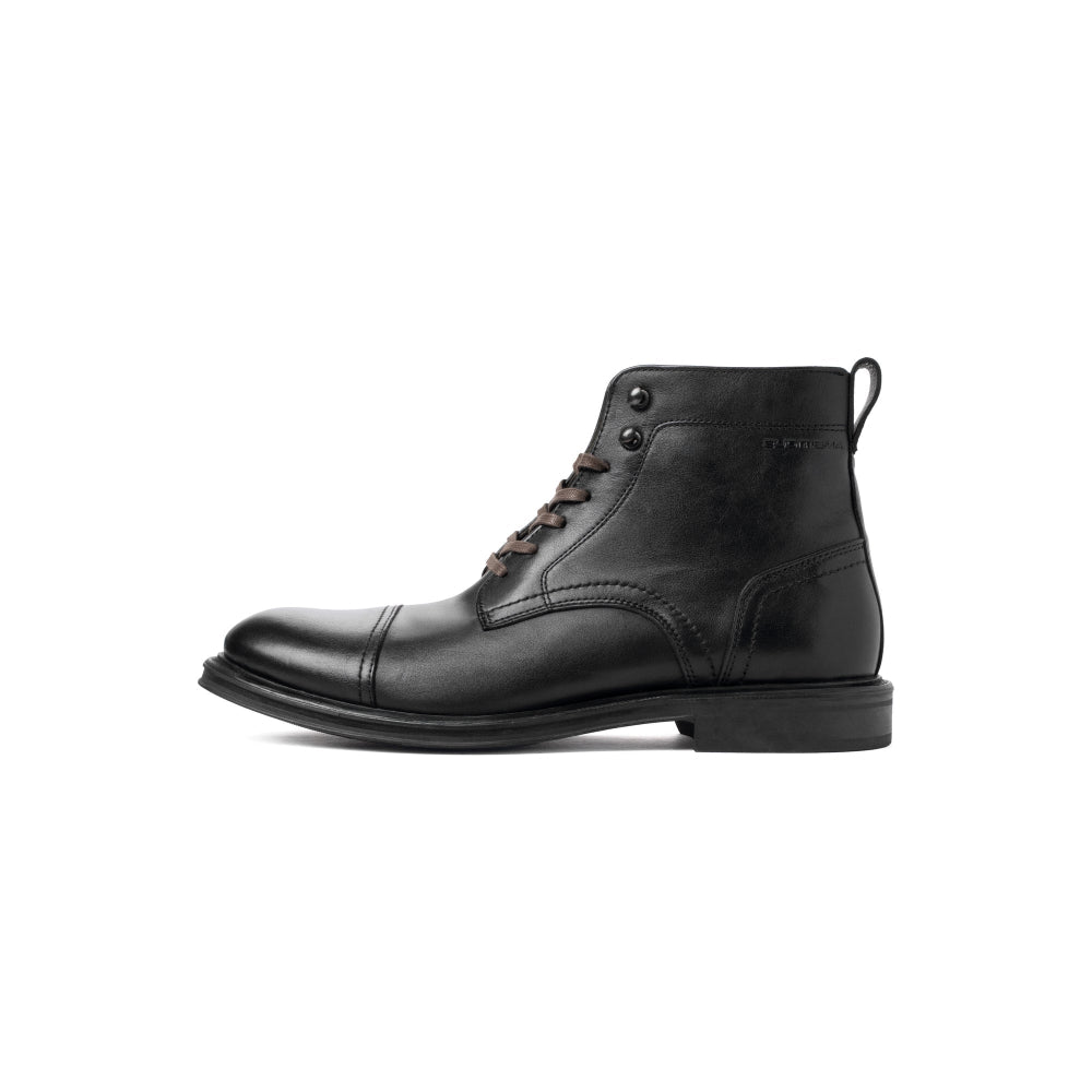 A single black leather lace-up ankle boot shown in a side profile view against a plain white background.