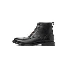 Load image into Gallery viewer, A single black leather lace-up ankle boot shown in a side profile view against a plain white background.
