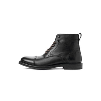 A single black leather lace-up ankle boot shown in a side profile view against a plain white background.