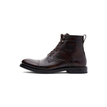 Load image into Gallery viewer, A dark brown leather lace-up ankle boot with a cap toe and pull tab, shown in profile against a plain white background.
