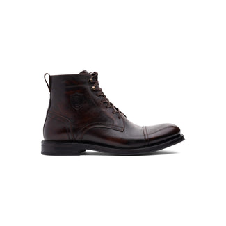 A dark brown leather lace-up ankle boot with a cap toe and pull tab, shown in profile against a plain white background.