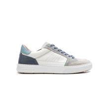 Load image into Gallery viewer, White sneaker with blue and gray accents on a white background
