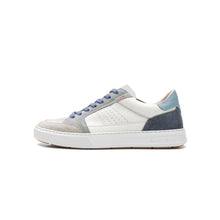 Load image into Gallery viewer, White sneaker with blue and gray accents on a white background
