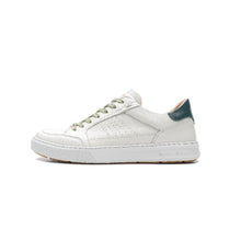 Load image into Gallery viewer, White sneaker with green accents on a white background
