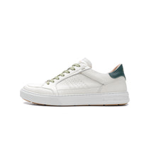 Load image into Gallery viewer, White sneaker with green accents on a white background
