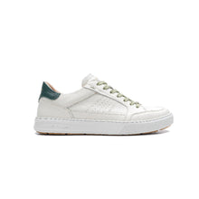 Load image into Gallery viewer, White sneaker with green accents on a white background
