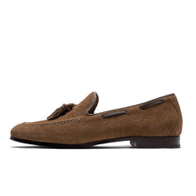 Load image into Gallery viewer, Brown suede loafer with a tassel on a white background
