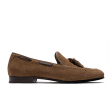 Load image into Gallery viewer, Brown suede loafer with a tassel on a white background
